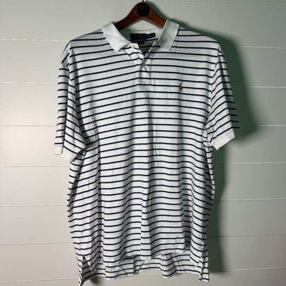 Polo Ralph Lauren Short Sleeve Polo White Blue Stripes Sz XXL Pima Soft Touch - Picture 1 of 7